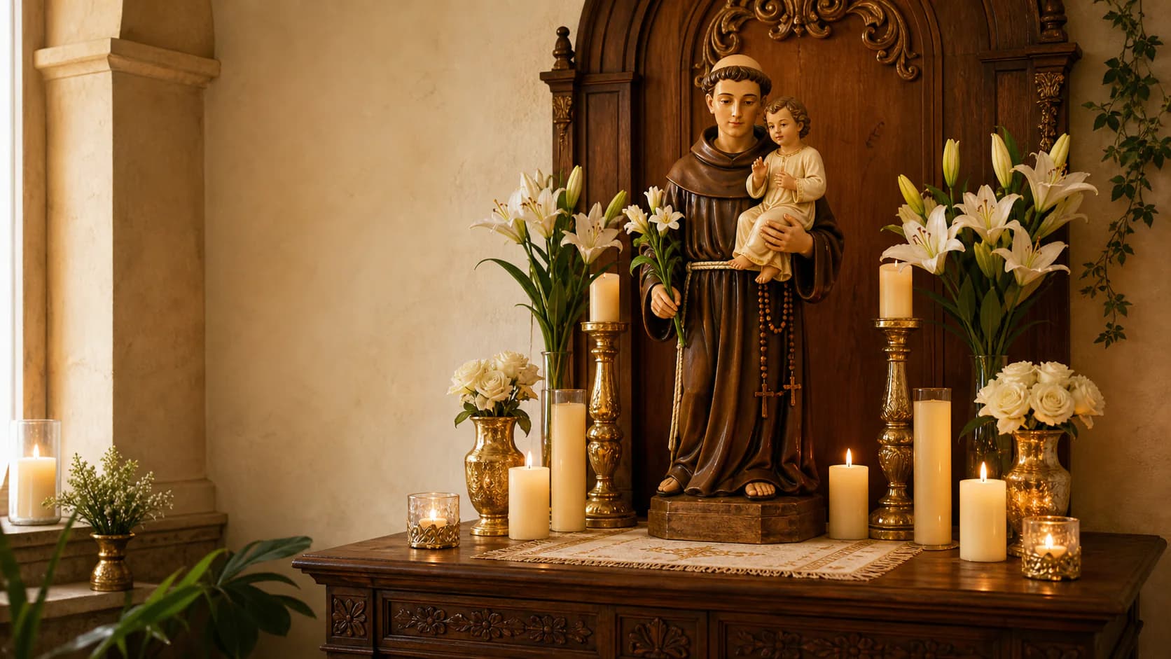Altar de San Antonio con velas y flores